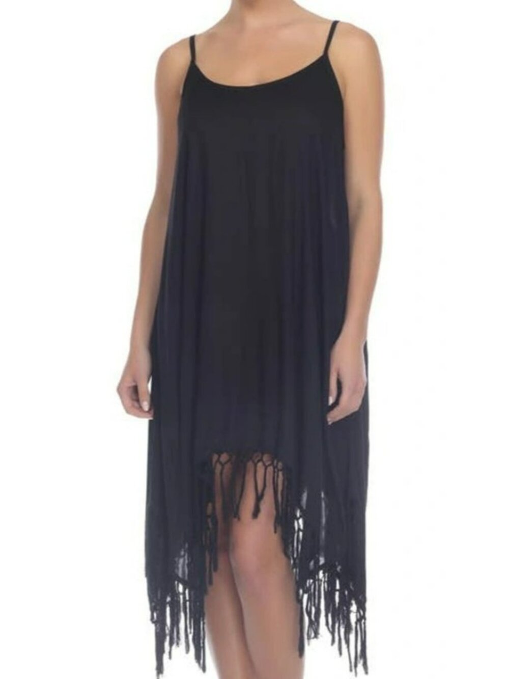 BOHO ME Black Fringe Hem Strappy Open Back Rayon Midi Slip Dress Goth Grunge  M